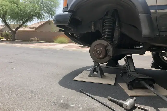 Lifted vehicle with wheel removed for brake service on a sunny residential street in Phoenix, AZ.
