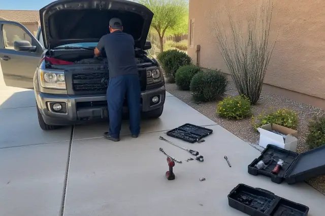 A technician performing a mobile vehicle repair on a driveway in Phoenix, AZ, with tools scattered on the concrete.