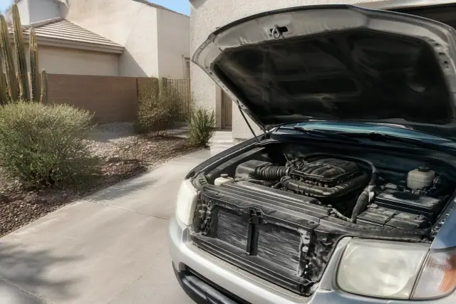 A car with its hood raised for a pre-purchase inspection on a concrete driveway in Phoenix, AZ.