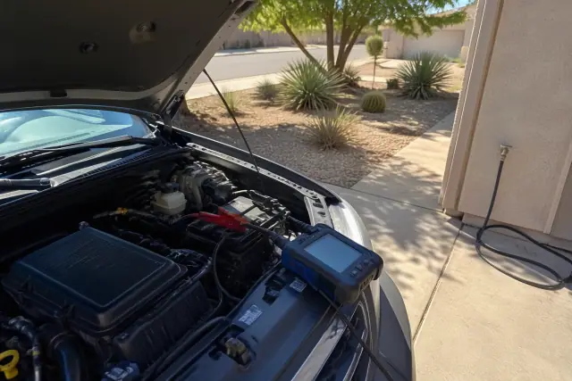 Technician using a diagnostic tool to test engine sensors on a car in a Phoenix, AZ residential driveway.
