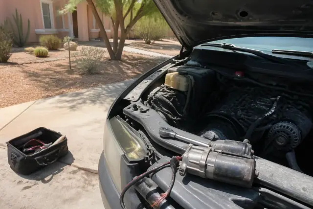 Exposed starter motor with frayed electrical wires on a car in a Phoenix, AZ residential driveway.