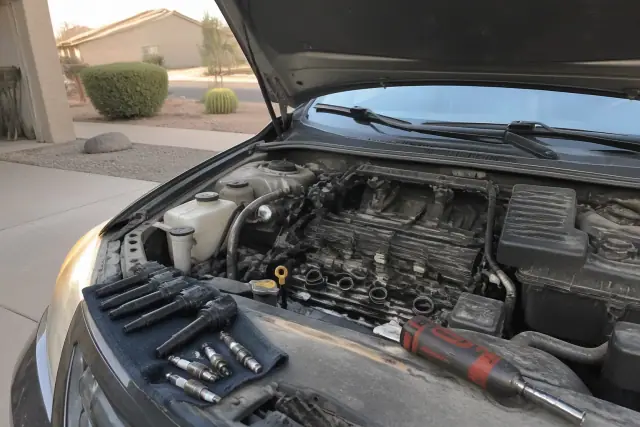 Mechanic replacing spark plugs and ignition coils on a vehicle in a driveway in Peoria, AZ.