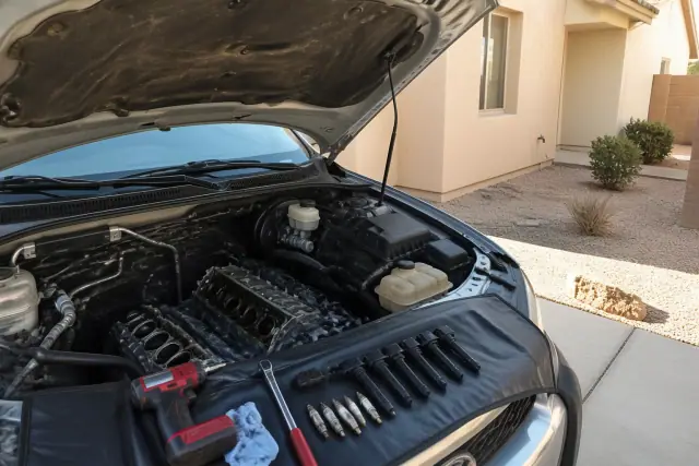 Mobile mechanic performing spark plug and ignition coil replacement on a vehicle in a residential driveway in Surprise, AZ.