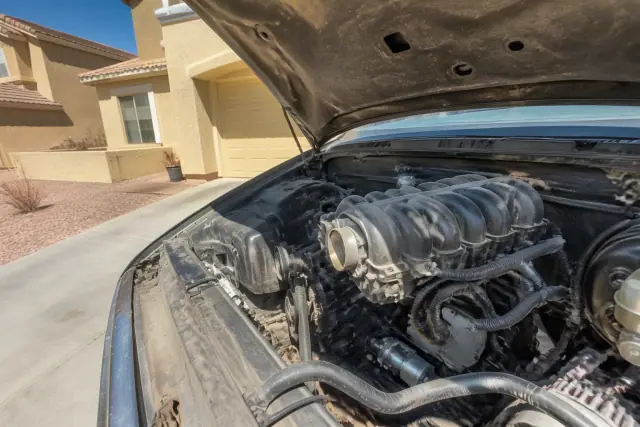 Starter motor partially obstructed by engine parts in a vehicle parked at a residential home in Phoenix, AZ.
