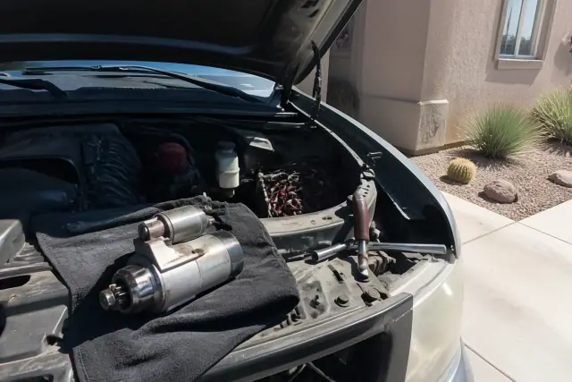 A mechanic performing a starter replacement on a car in a driveway in Phoenix, AZ.