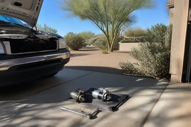 Vehicle starter replacement in progress on a concrete driveway in Tempe, AZ with new and old parts on a rag.