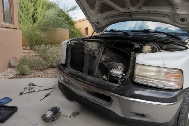 Mobile mechanic replacing a vehicle starter on a concrete driveway at a home in Scottsdale, AZ.
