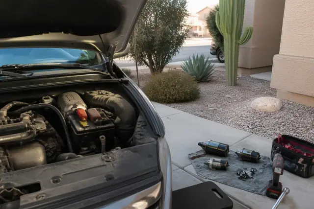A vehicle with its hood raised during a starter replacement on a concrete driveway in Avondale, AZ.