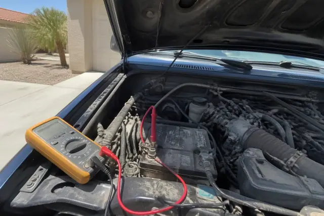 Technician using a multimeter to diagnose a starter on a vehicle in a residential driveway in Phoenix, AZ.