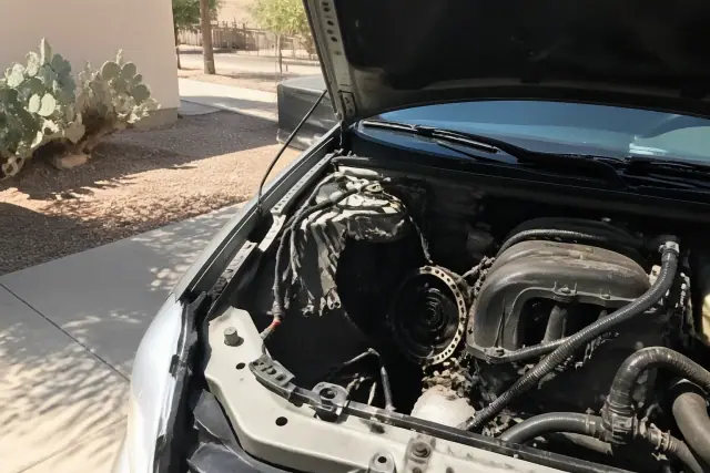 Starter replacement on a vehicle in a Phoenix, AZ driveway with engine bay components exposed under bright sunlight.
