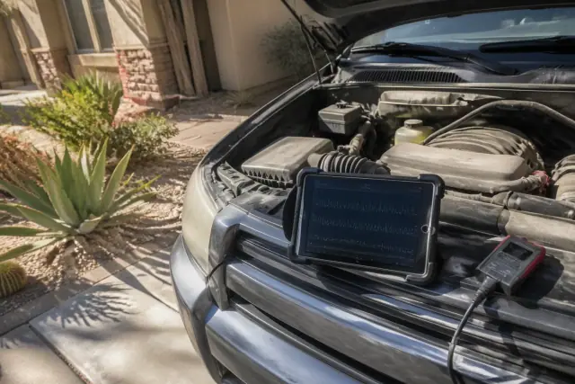 OBD-II scanner and tablet diagnosing a car engine in a residential driveway in Phoenix, AZ.