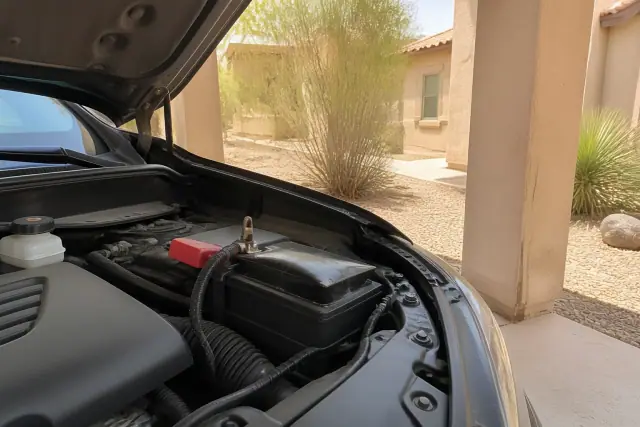 Technician inspecting a swollen, heat-damaged car battery in a residential carport in Phoenix, AZ.