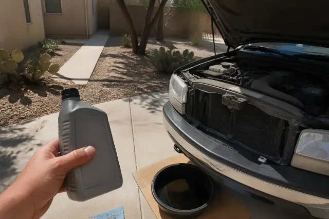 An open car hood with motor oil and a drain pan on a concrete driveway in Phoenix, AZ, surrounded by desert landscaping.