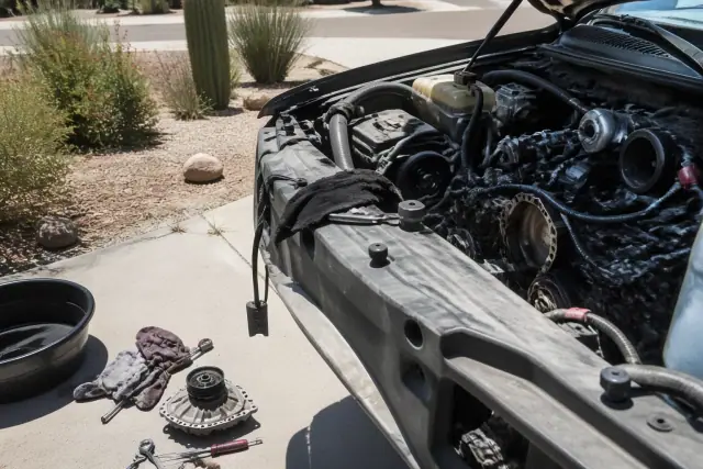 Technician performing a radiator cooling system repair with a water pump and thermostat in a driveway in Phoenix, AZ.