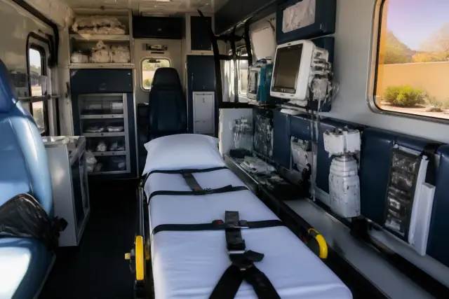 Interior of an ambulance patient compartment with medical equipment in Phoenix, AZ.