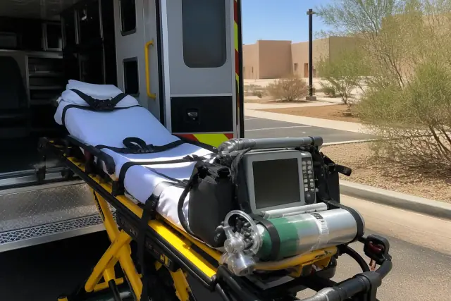 Ambulance stretcher with oxygen and cardiac monitor in a desert setting in Phoenix, AZ.