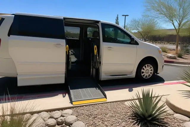 Ambulatory transportation vehicle with sliding doors open for boarding assistance in Gilbert, AZ.