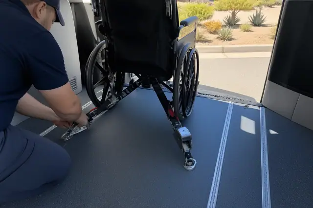 Technician checking tension on four-point wheelchair tie-down straps in a transport vehicle in Tempe, AZ.