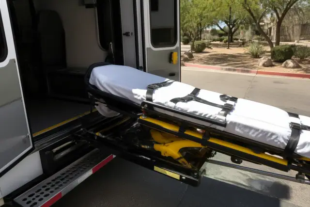 Bariatric stretcher secured at the rear of an ambulance during a loading procedure in Phoenix, AZ.