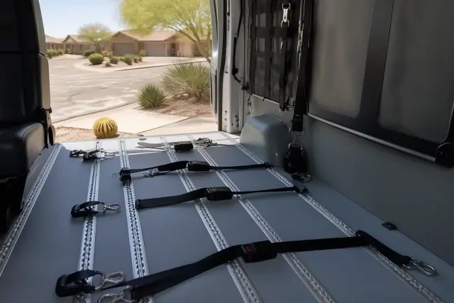 Interior of a bariatric medical transport vehicle featuring floor tracks and heavy-duty tie-down straps in Chandler, AZ.