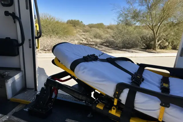 Bariatric medical transport stretcher with safety belts locked at the rear doors of a vehicle in Peoria, AZ.