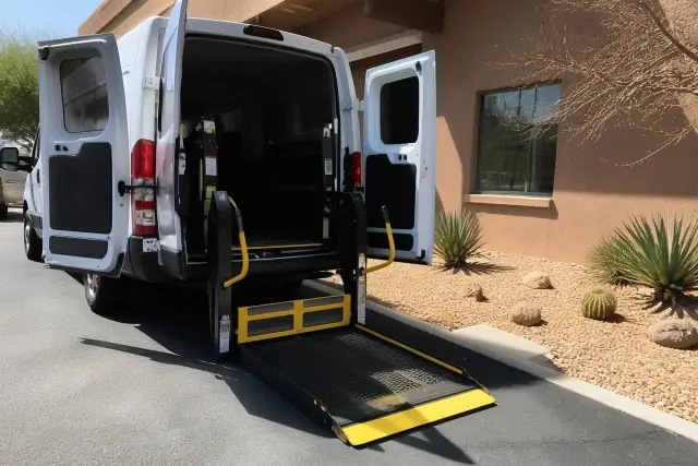 Automated hydraulic lift ramp lowered to the ground for bariatric medical transport in Avondale, AZ.