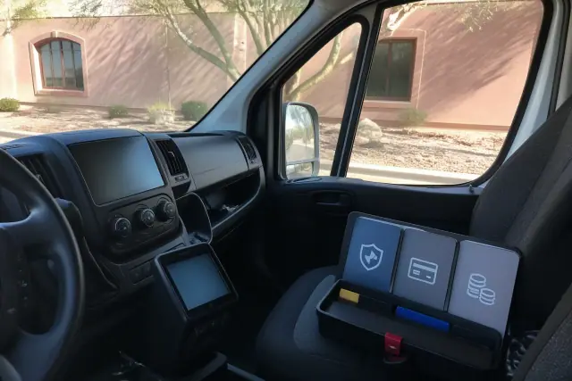 Front dashboard and passenger seat of a medical transport van parked outside a medical office in Phoenix, AZ.