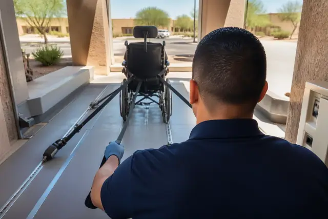 Medical transport professional securing a wheelchair inside a vehicle in Phoenix, AZ.