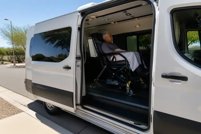 Medical transit van with open sliding doors for dialysis transportation in Phoenix, AZ.