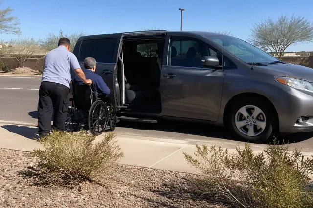 A medical transport vehicle with side doors open for dialysis passenger boarding on a sunny day in Avondale, AZ.