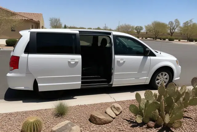 A medical transport vehicle with side doors open for boarding parked by desert landscaping in Glendale, AZ.