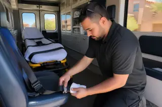 Technician wiping down a seat belt buckle inside a medical transport van in Phoenix, AZ.