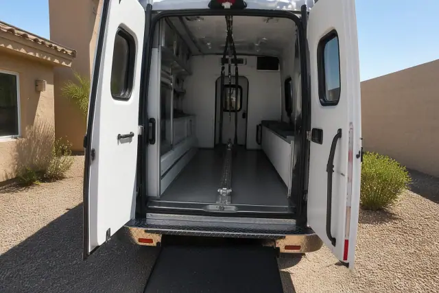Medical transit vehicle interior showing mechanical floor tracks and safety straps in Phoenix, AZ.