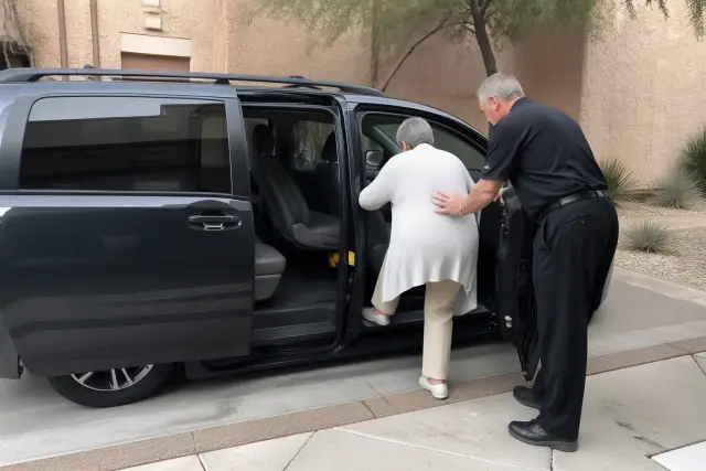 A vehicle with open sliding doors parked by a stucco building and desert landscaping in Phoenix, AZ.