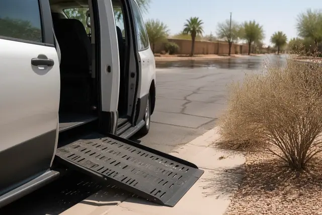 Transport van with an open mobility ramp parked on a sun-baked curb in Phoenix, AZ during a hot summer day.