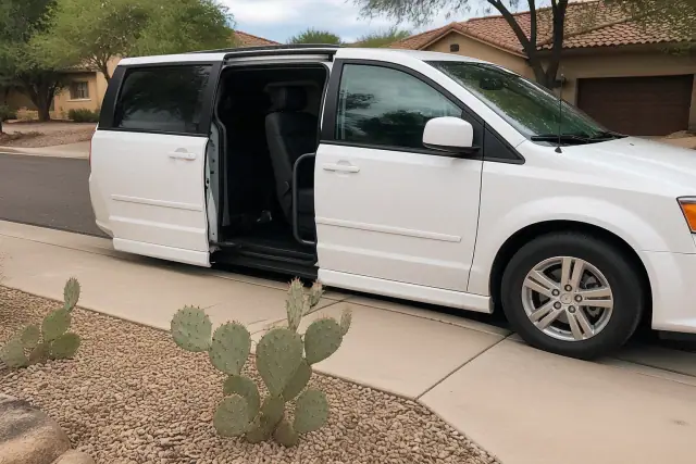 A transport vehicle with open side doors parked at a curbside in Phoenix, AZ, next to desert landscaping and stucco homes.