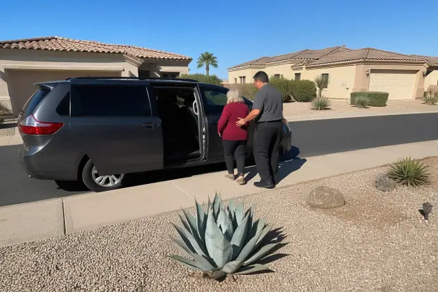 Medical transport vehicle with open side doors at a curbside pickup in Sun City, AZ.