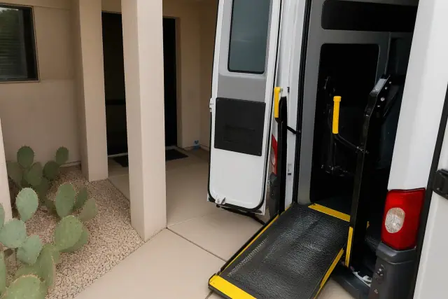 Stucco building entryway with a prickly pear cactus for a dialysis patient transition in Phoenix, AZ.