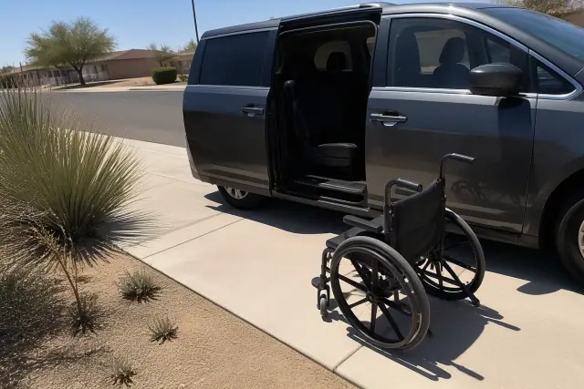 A vehicle parked on a Phoenix, AZ street with side doors open for curbside passenger assistance on a sunny day.