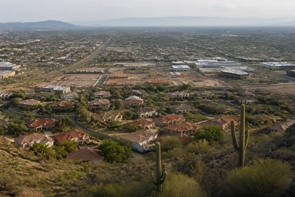 Aerial view of Phoenix, AZ, showing desert foothills, saguaro cacti, and residential neighborhoods at sunset.