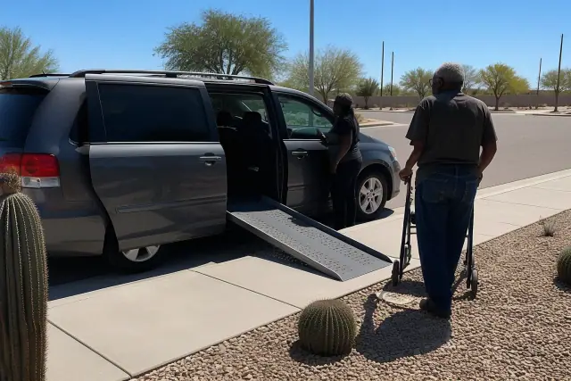 A transport vehicle with open side doors parked by a curb with desert landscaping in Phoenix, AZ.