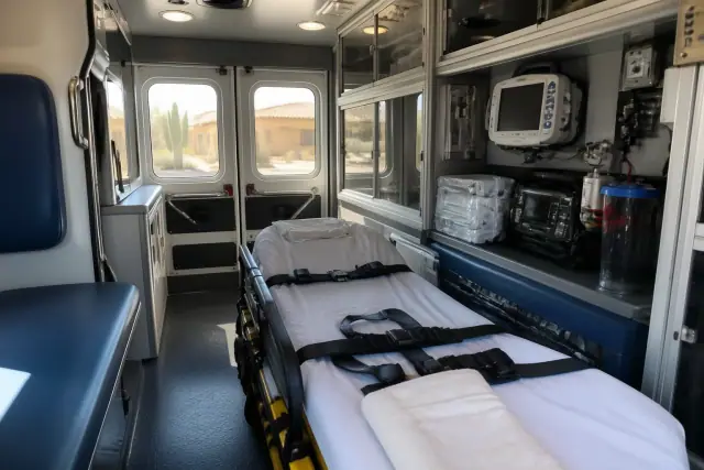 Ambulance patient compartment with secured medical equipment and safety restraints in Scottsdale, AZ.