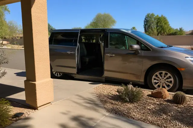 Medical transport vehicle with open side doors for curbside pickup in Sun City, AZ.