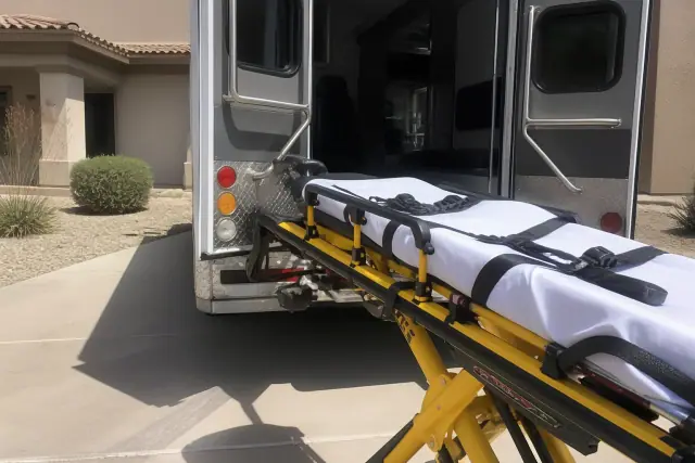 Medical stretcher secured at the rear doors of a transport vehicle in Chandler, AZ.
