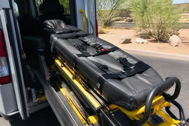 A stretcher with safety belts being loaded into a vehicle during a transport job in Phoenix, AZ.
