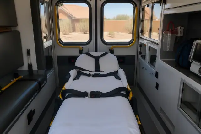 Interior of a medical transport ambulance showing equipment and safety restraints in Avondale, AZ.