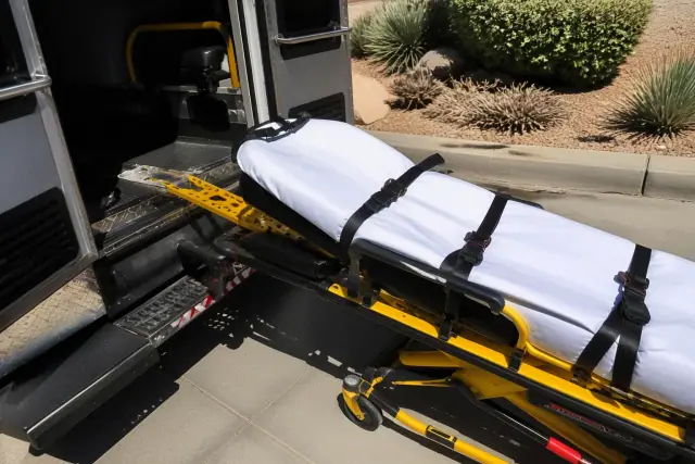 Stretcher secured at the rear doors of a medical transport vehicle during loading in Phoenix, AZ.