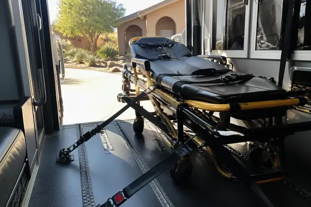 Medical van interior showing heavy-duty wheelchair tie-down straps with desert landscape in the background, Surprise, AZ.
