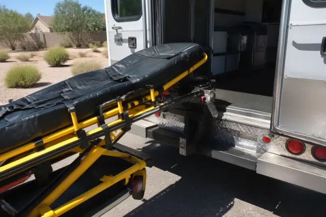A stretcher secured with safety belts at the rear doors of a medical transport vehicle in Glendale, AZ.