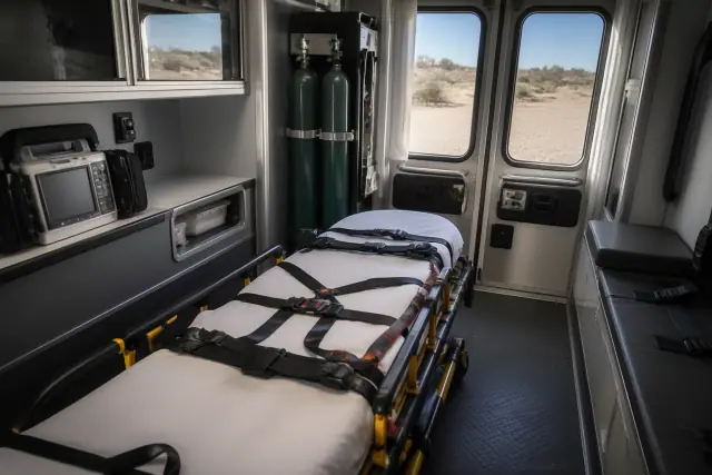 Secured medical equipment, oxygen tanks, and stretcher straps inside a medical transport vehicle in Phoenix, AZ.